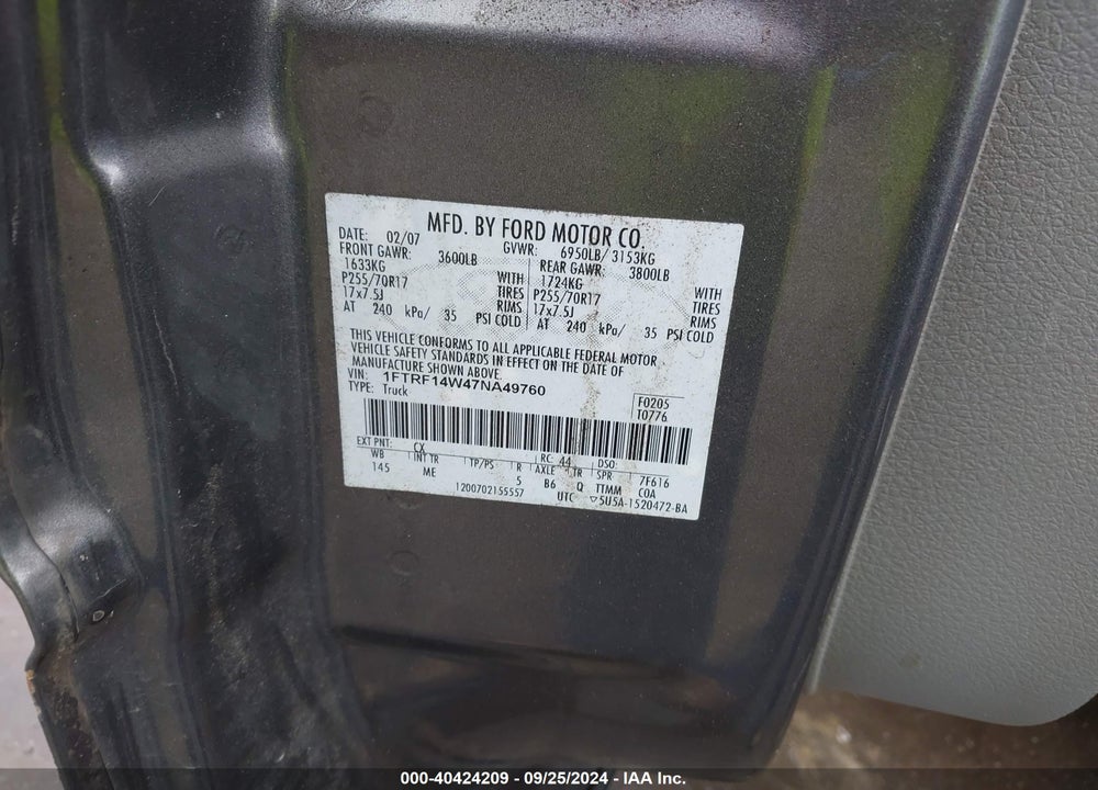 2007 FORD F-150 STX/XL/XLT VIN: 1FTRF14W47NA49760