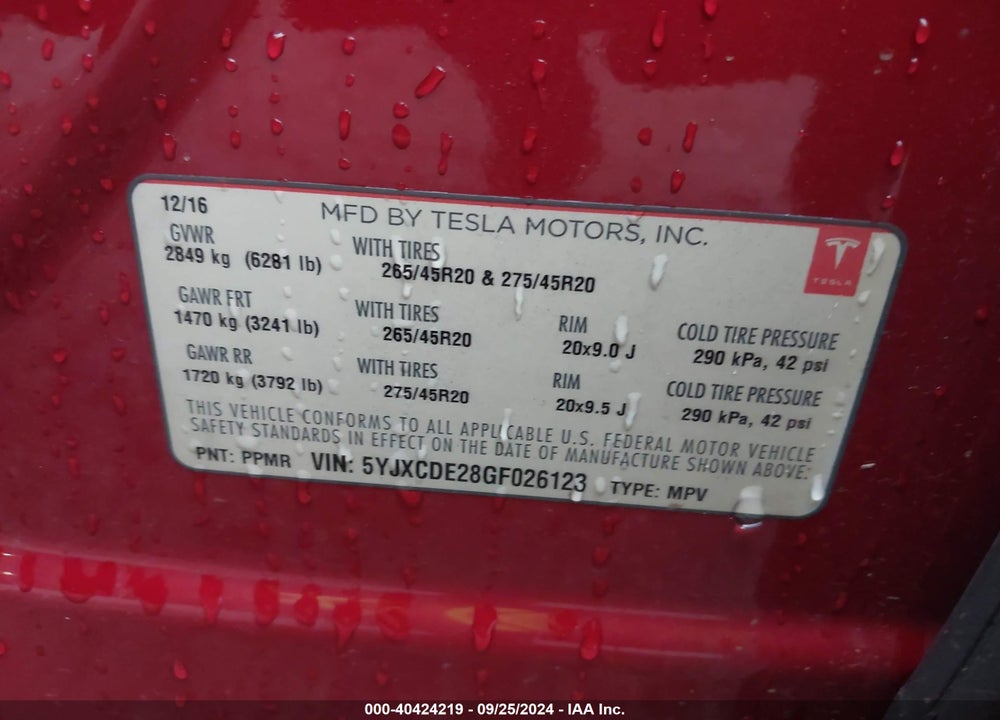 2016 TESLA MODEL X 60D/70D/75D/90D VIN: 5YJXCDE28GF026123