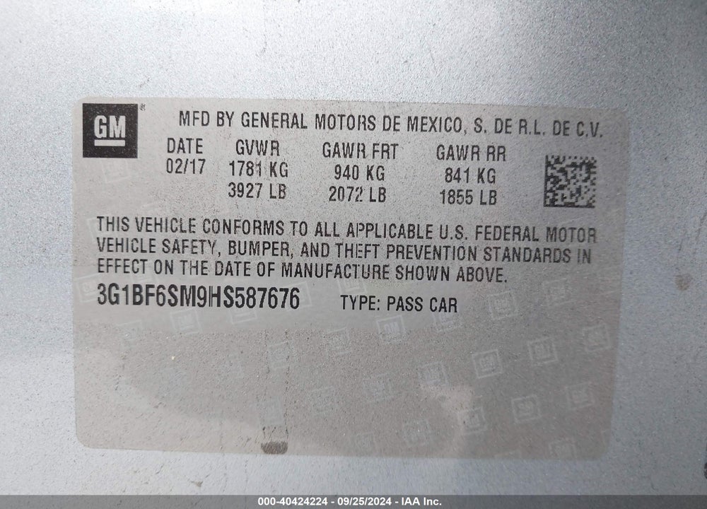 2017 CHEVROLET CRUZE PREMIER AUTO VIN: 3G1BF6SM9HS587676