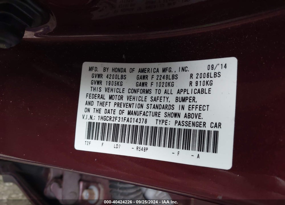2015 HONDA ACCORD LX VIN: 1HGCR2F31FA014378