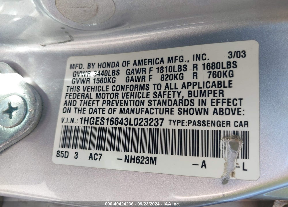 2003 HONDA CIVIC LX VIN: 1HGES16643L023237