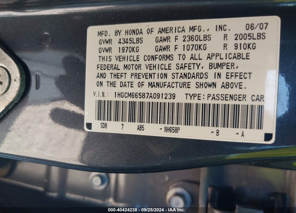 2007 HONDA ACCORD 3.0 EX VIN: 1HGCM66587A091239