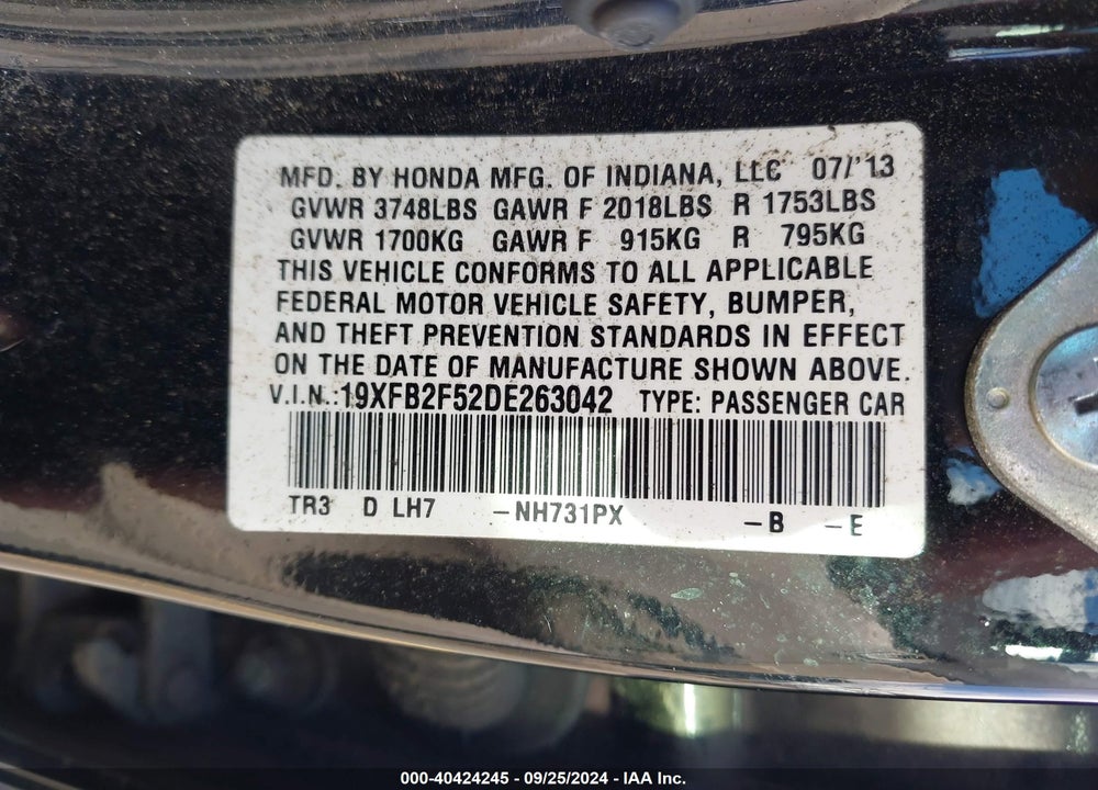 2013 HONDA CIVIC LX VIN: 19XFB2F52DE263042
