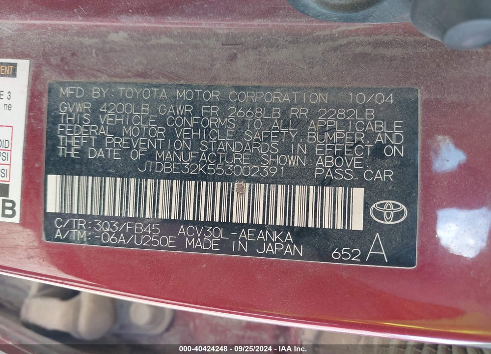 2005 TOYOTA CAMRY LE VIN: JTDBE32K553002391