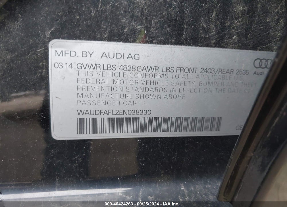 2014 AUDI A4 2.0T PREMIUM VIN: WAUDFAFL2EN038330