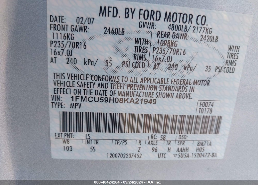 2008 FORD ESCAPE HYBRID VIN: 1FMCU59H08KA21949