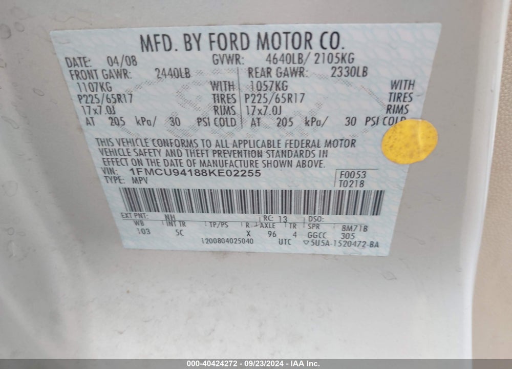 2008 FORD ESCAPE LIMITED VIN: 1FMCU94188KE02255