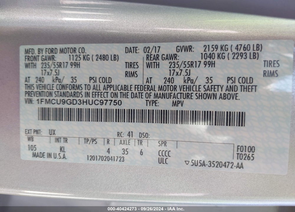2017 FORD ESCAPE SE VIN: 1FMCU9GD3HUC97750