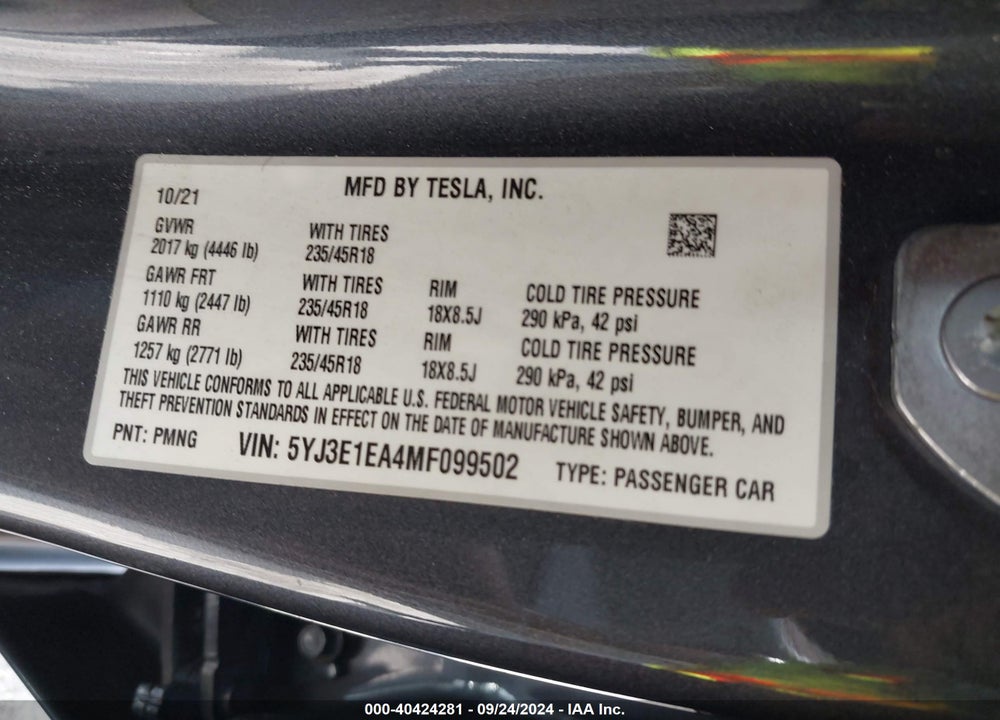 2021 TESLA MODEL 3 STANDARD RANGE PLUS REAR-WHEEL DRIVE VIN: 5YJ3E1EA4MF099502