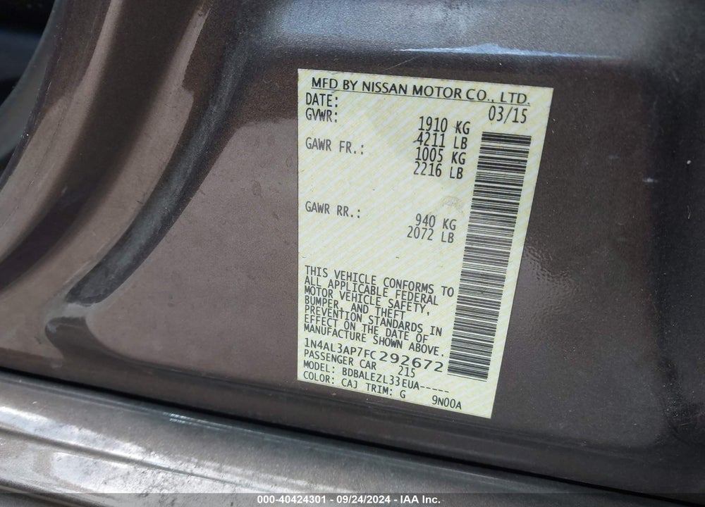 2015 NISSAN ALTIMA 2.5/2.5 S/2.5 SL/2.5 SV VIN: 1N4AL3AP7FC292672