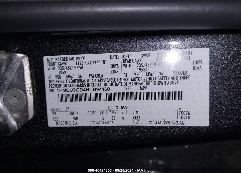 2017 FORD ESCAPE SE VIN: 1FMCU9GD4HUB94160