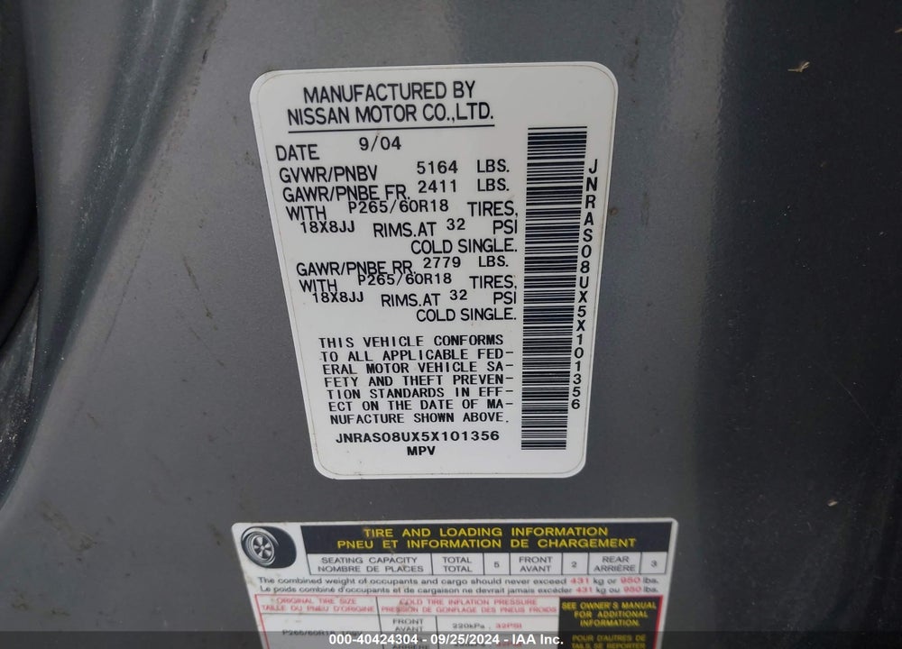 2005 INFINITI FX35 VIN: JNRAS08UX5X101356