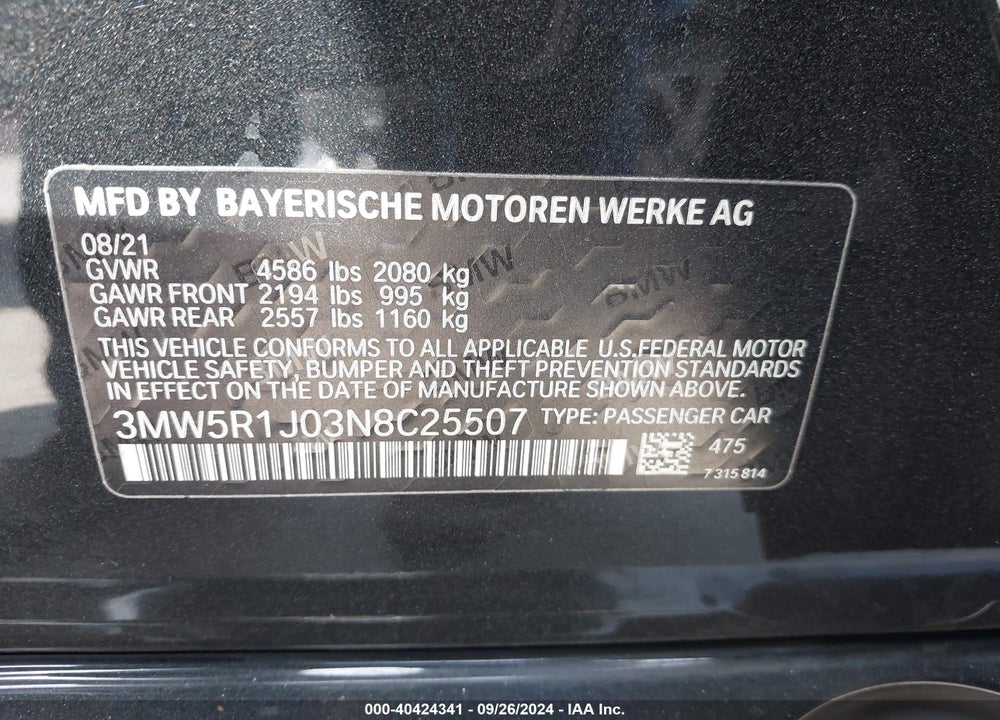 2022 BMW 330I VIN: 3MW5R1J03N8C25507