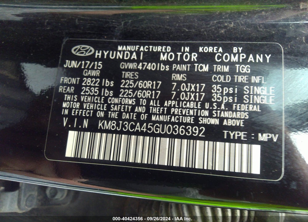 2016 HYUNDAI TUCSON SE VIN: KM8J3CA45GU036392