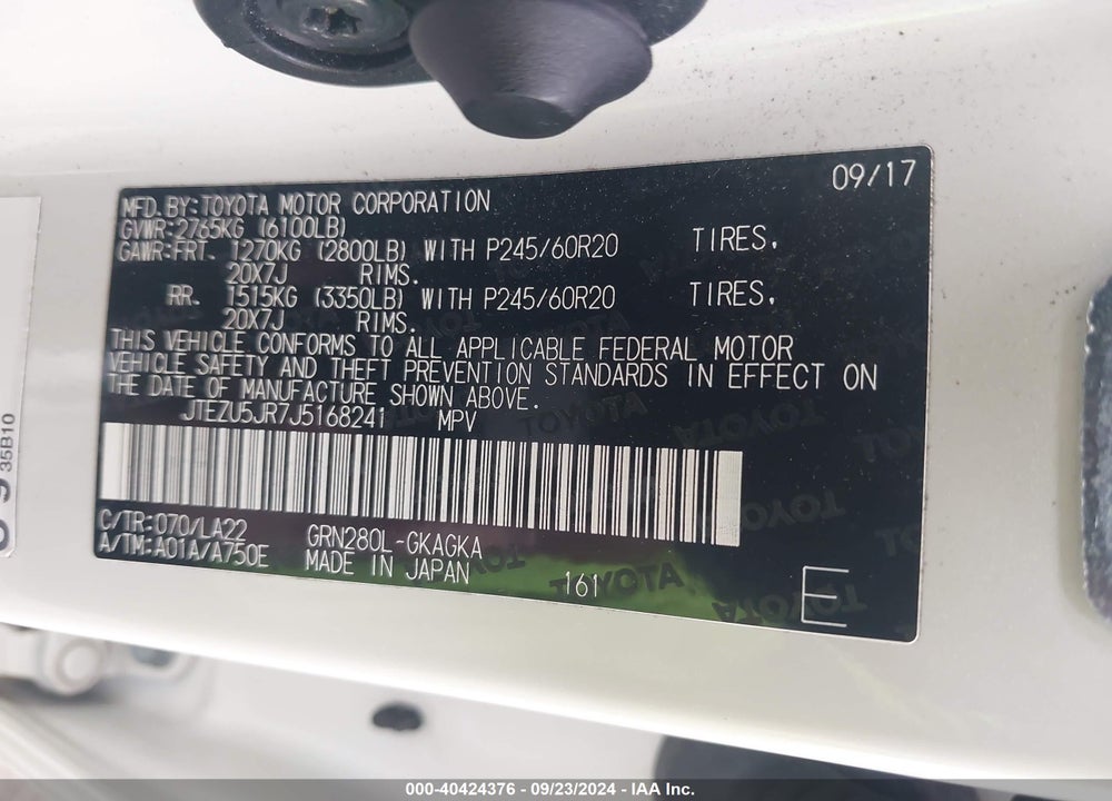 2018 TOYOTA 4RUNNER LIMITED VIN: JTEZU5JR7J5168241