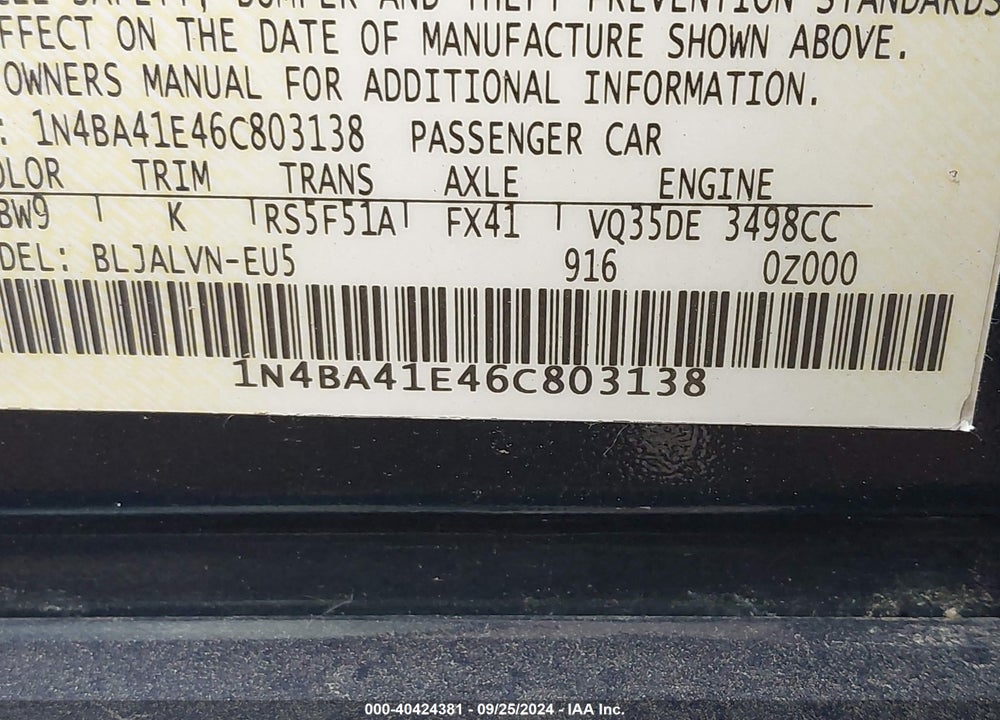2006 NISSAN MAXIMA 3.5 SE VIN: 1N4BA41E46C803138
