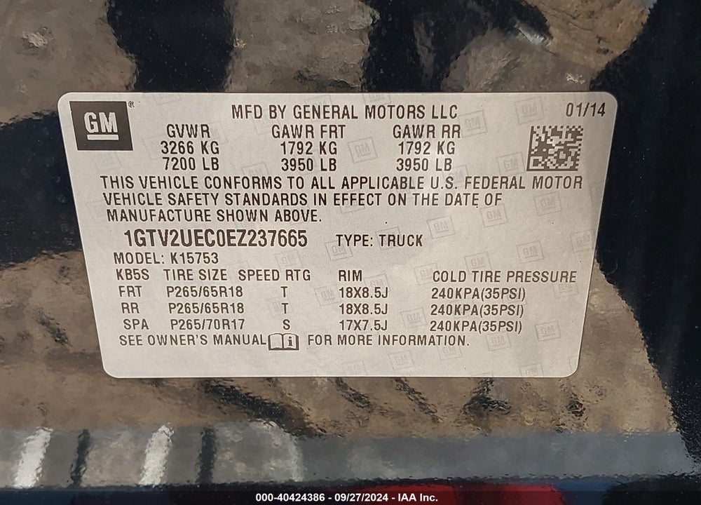 2014 GMC SIERRA 1500 SLE VIN: 1GTV2UEC0EZ237665