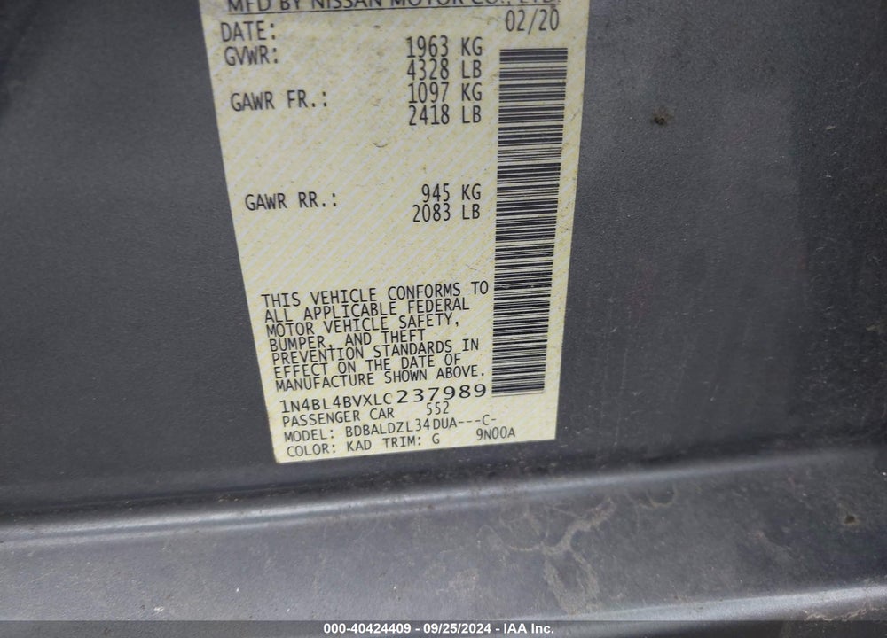 2020 NISSAN ALTIMA S FWD VIN: 1N4BL4BVXLC237989