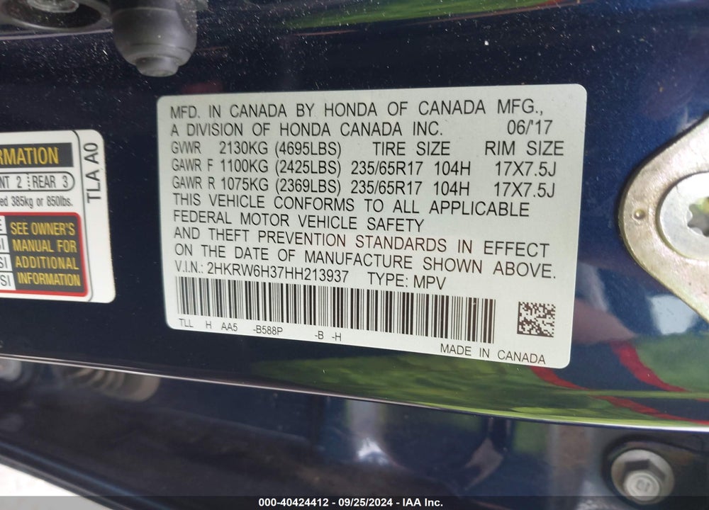 2017 HONDA CR-V LX VIN: 2HKRW6H37HH213937