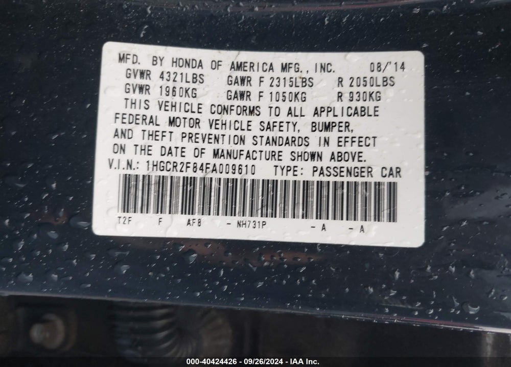 2015 HONDA ACCORD EX-L VIN: 1HGCR2F84FA009610