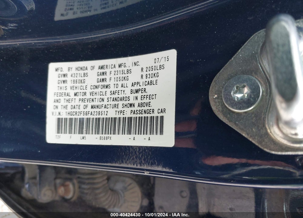 2015 HONDA ACCORD SPORT VIN: 1HGCR2F56FA239512