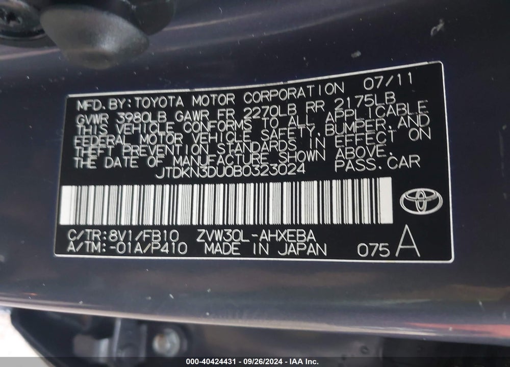 2011 TOYOTA PRIUS THREE VIN: JTDKN3DU0B0323024