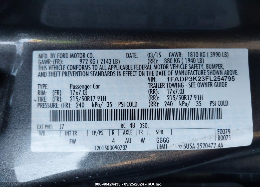 2015 FORD FOCUS SE VIN: 1FADP3K23FL254795