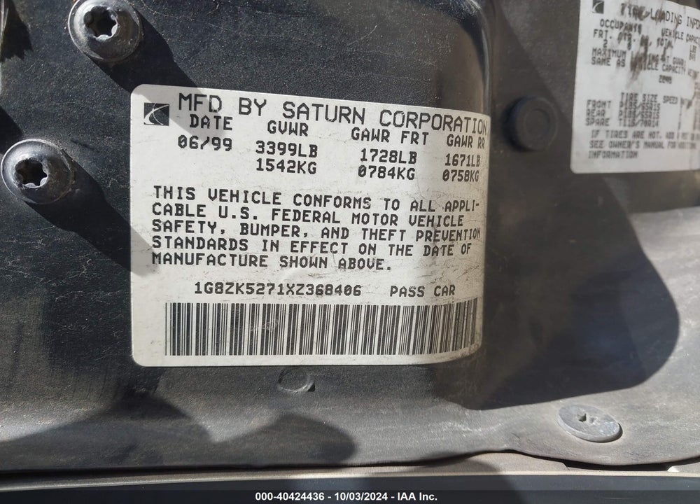 1999 SATURN SL2 VIN: 1G8ZK5271XZ368406