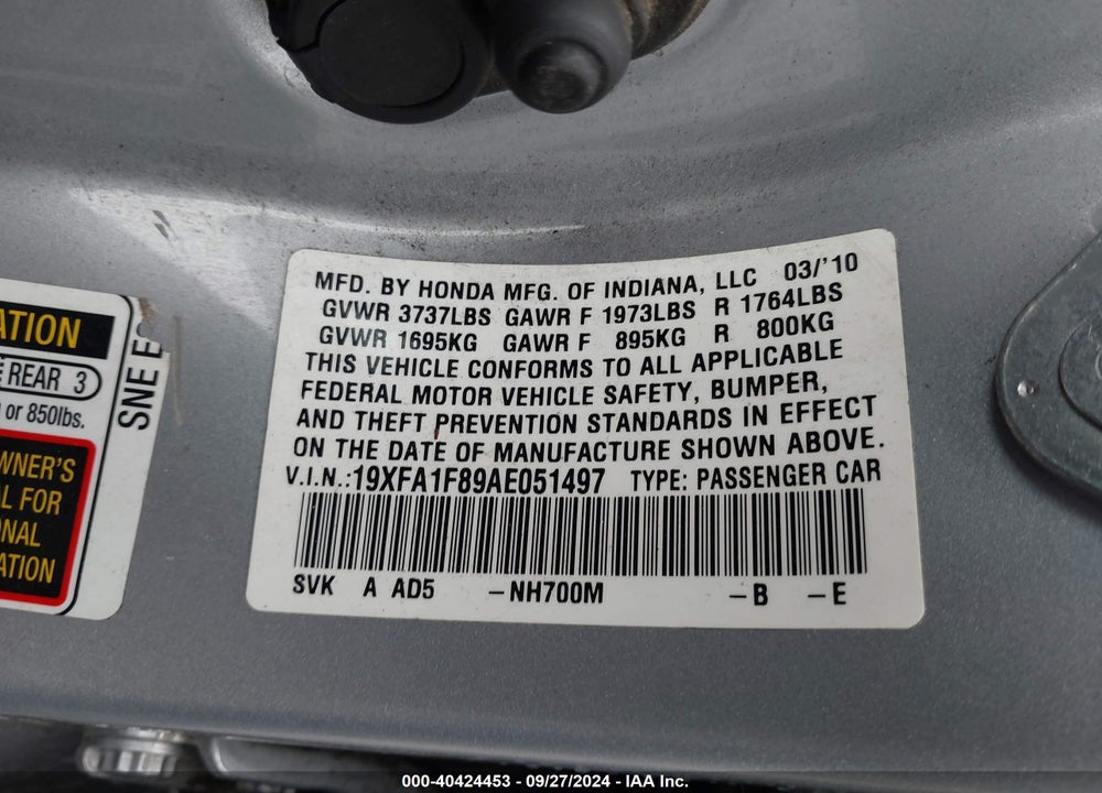 2010 HONDA CIVIC SDN EX VIN: 19XFA1F89AE051497