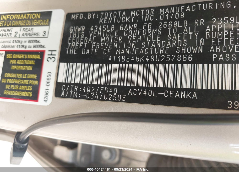2008 TOYOTA CAMRY VIN: 4T1BE46K48U257866