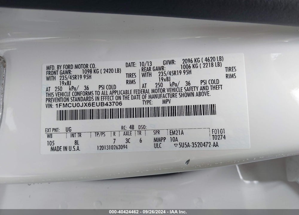2014 FORD ESCAPE TITANIUM VIN: 1FMCU0JX6EUB43706
