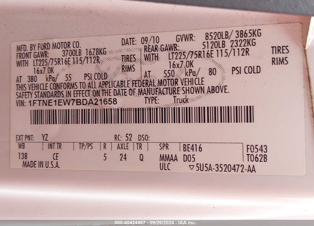 2011 FORD E-150 COMMERCIAL VIN: 1FTNE1EW7BDA21658