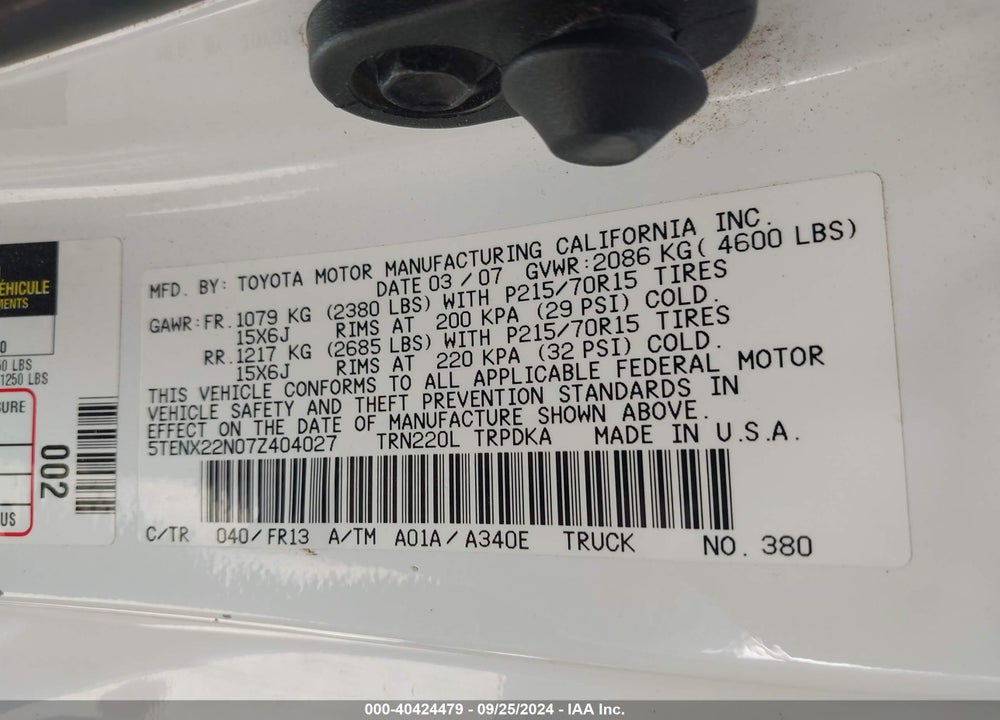 2007 TOYOTA TACOMA VIN: 5TENX22N07Z404027