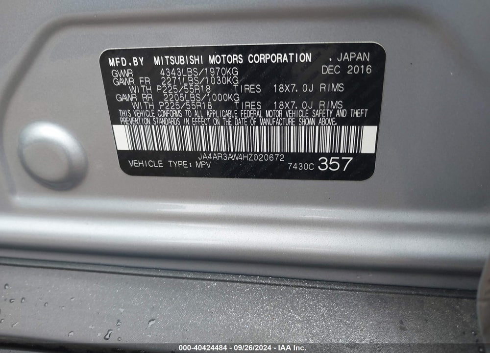 2017 MITSUBISHI OUTLANDER SPORT 2.4 SE VIN: JA4AR3AW4HZ020672