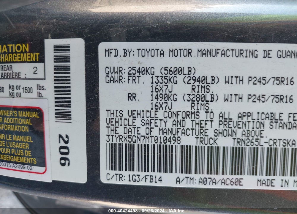 2021 TOYOTA TACOMA SR VIN: 3TYRX5GN7MT010498