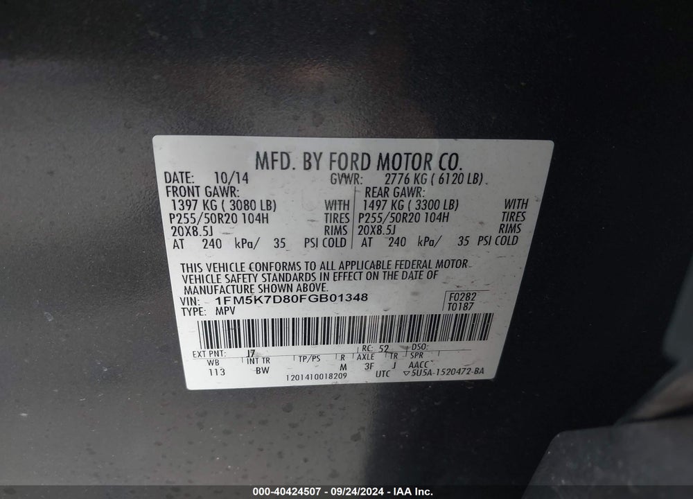 2015 FORD EXPLORER XLT VIN: 1FM5K7D80FGB01348