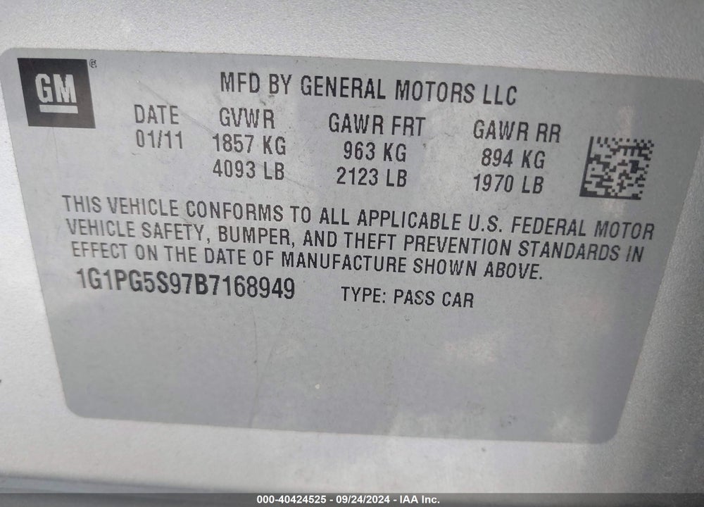 2011 CHEVROLET CRUZE 2LT VIN: 1G1PG5S97B7168949
