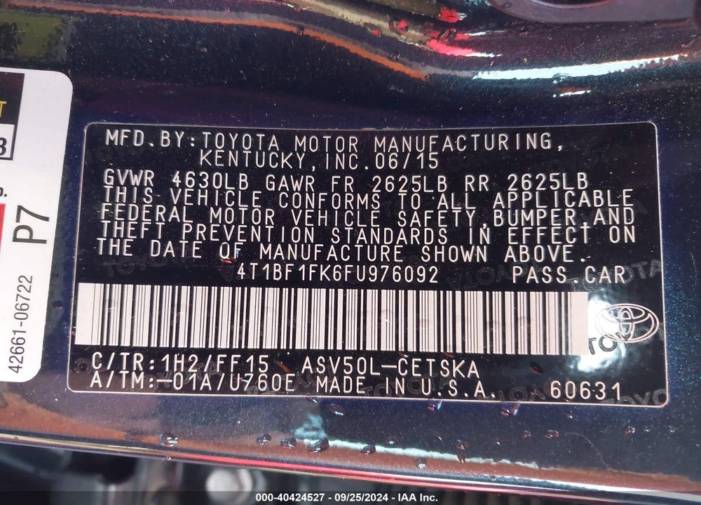 2015 TOYOTA CAMRY SE VIN: 4T1BF1FK6FU976092