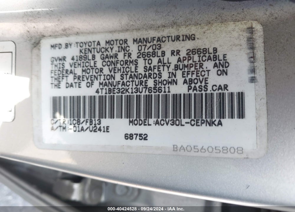 2003 TOYOTA CAMRY LE VIN: 4T1BE32K13U765611