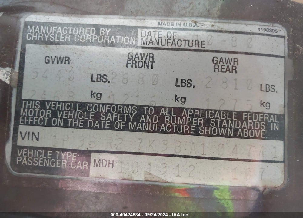 1981 PLYMOUTH GRAN FURY VIN: 1P3BR27K3BA104741
