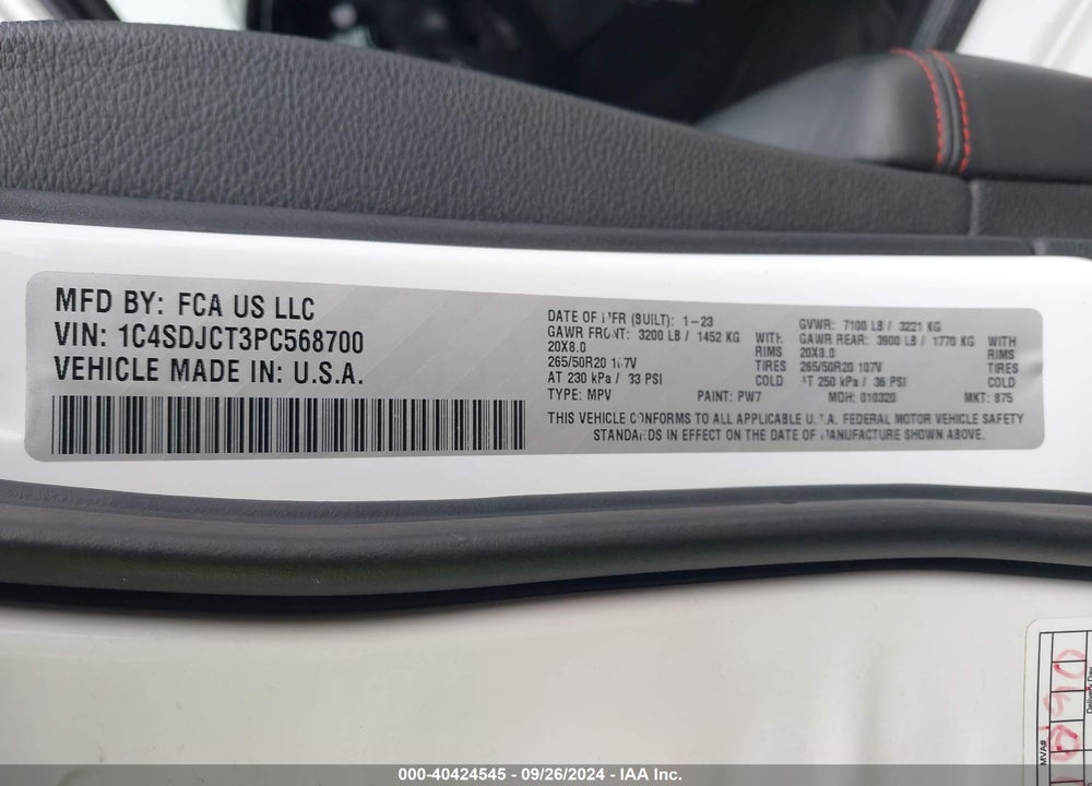 2023 DODGE DURANGO R/T PLUS AWD VIN: 1C4SDJCT3PC568700