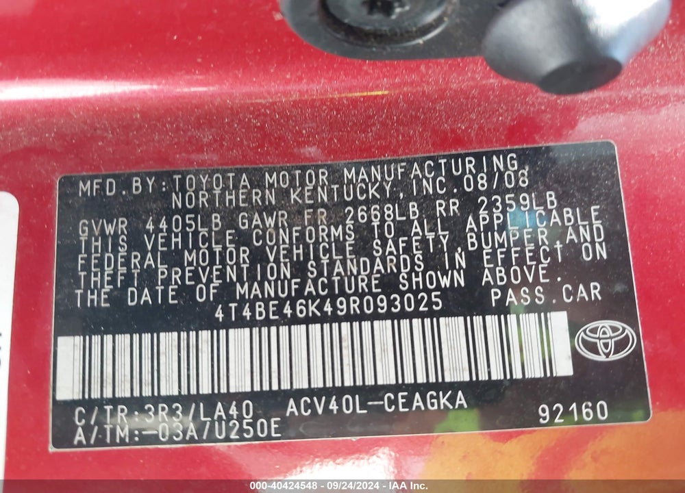 2009 TOYOTA CAMRY XLE VIN: 4T4BE46K49R093025
