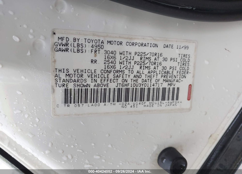 2000 LEXUS RX 300 VIN: JT6HF10U3Y0114717
