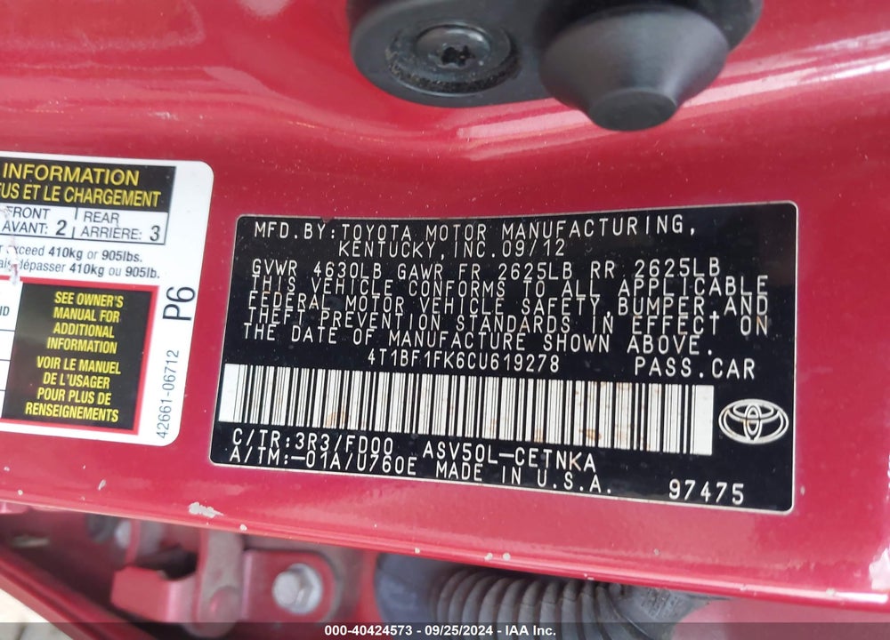 2012 TOYOTA CAMRY LE VIN: 4T1BF1FK6CU619278