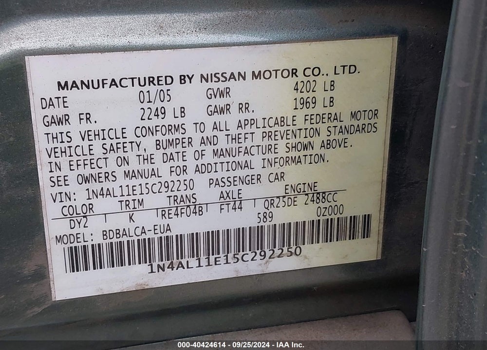 2005 NISSAN ALTIMA 2.5 S VIN: 1N4AL11E15C292250