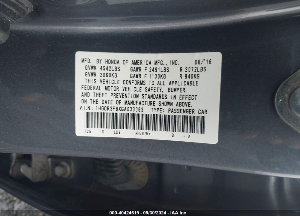 2016 HONDA ACCORD EX-L V-6 VIN: 1HGCR3F8XGA033093
