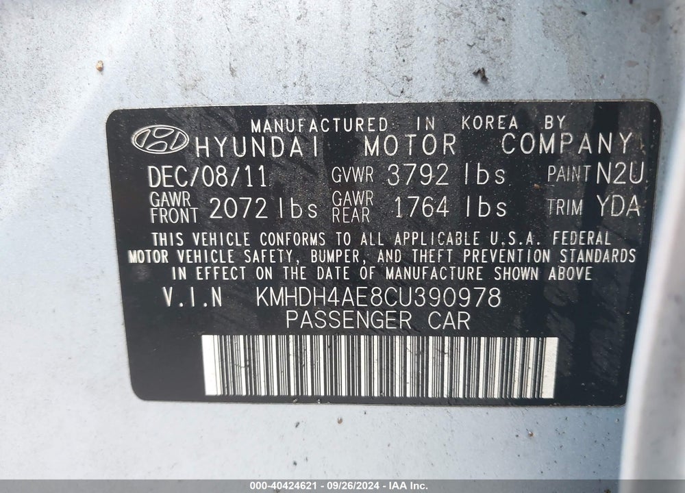2012 HYUNDAI ELANTRA LIMITED (ULSAN PLANT) VIN: KMHDH4AE8CU390978