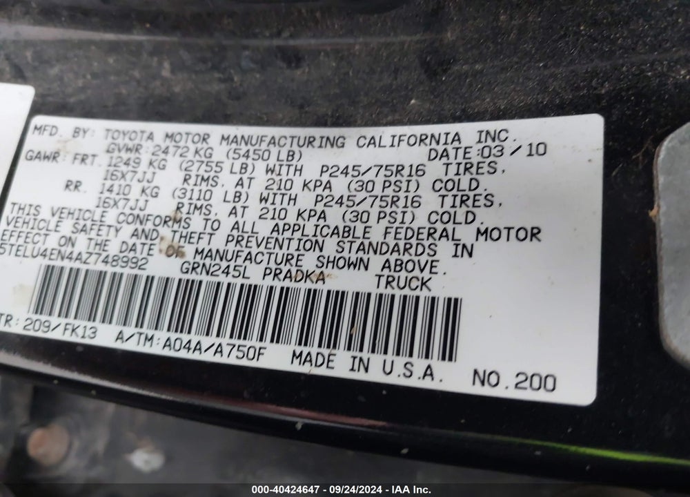 2010 TOYOTA TACOMA BASE V6 VIN: 5TELU4EN4AZ748992