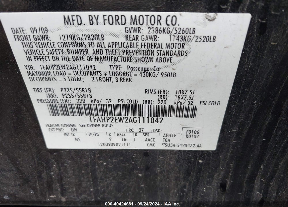 2010 FORD TAURUS SEL VIN: 1FAHP2EW2AG111042