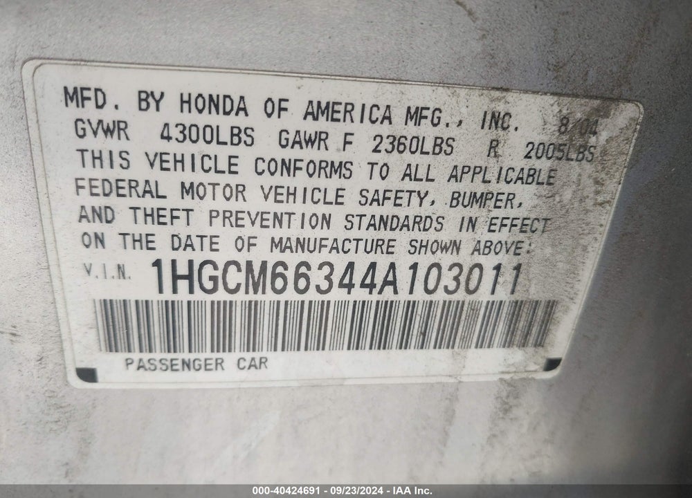 2004 HONDA ACCORD 3.0 LX VIN: 1HGCM66344A103011